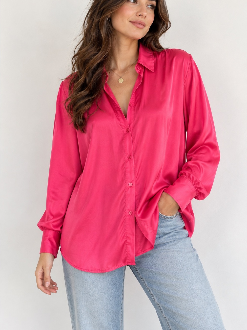 Suzy Shier Satin Button-Down Blouse in Hot Pink